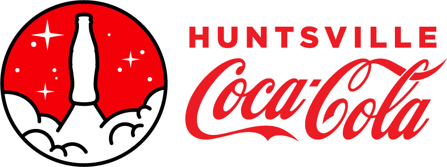 A logo featuring a red circle with stars, white clouds, and a white Coca-Cola bottle designed to look like a rocket. Next to it, bold red text reads "Huntsville Coca-Cola" in stylized font.