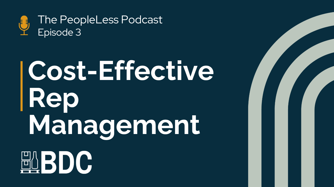 Dark blue graphic with text: "The PeopleLess Podcast Episode 3. Cost-Effective Rep Management. BDC." On the right, there are three curved light gray lines. A small microphone icon appears near the title.