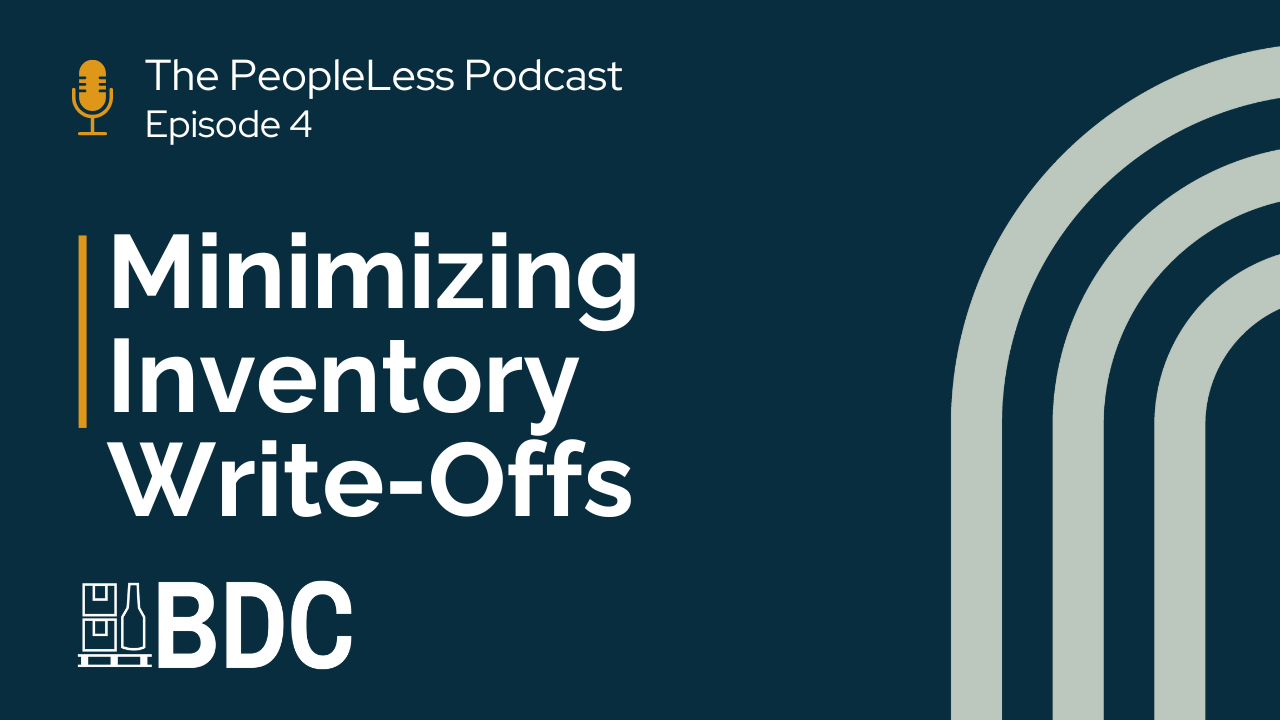 Podcast cover image for "The PeopleLess Podcast Episode 4" titled "Minimizing Inventory Write-Offs" with BDC logo; features bold white and yellow text on a dark blue background with abstract arch shapes.