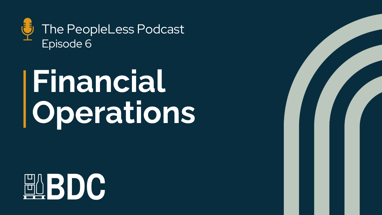 A podcast cover reading "The PeopleLess Podcast Episode 6: Financial Operations" with a yellow microphone icon and the BDC logo on a dark teal background with light curved lines.