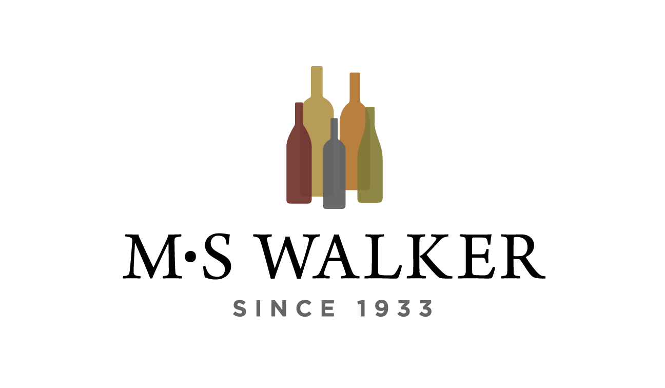 Logo for M.S. Walker featuring four stylized wine bottles in different colors above the text "M.S. Walker" and "Since 1933" on a light background.