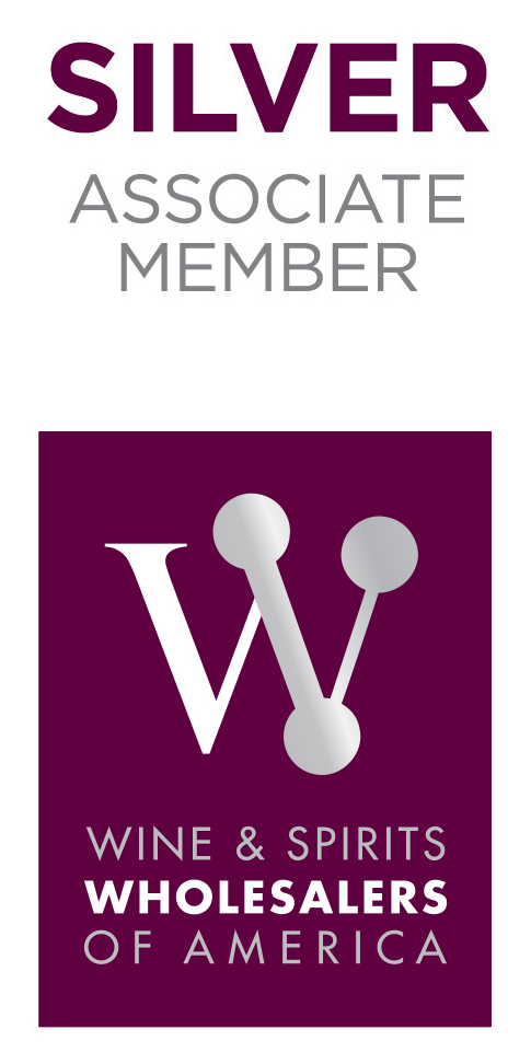 Silver Associate Member badge for Wine & Spirits Wholesalers of America, featuring a large 'W' and organization name on a purple background.