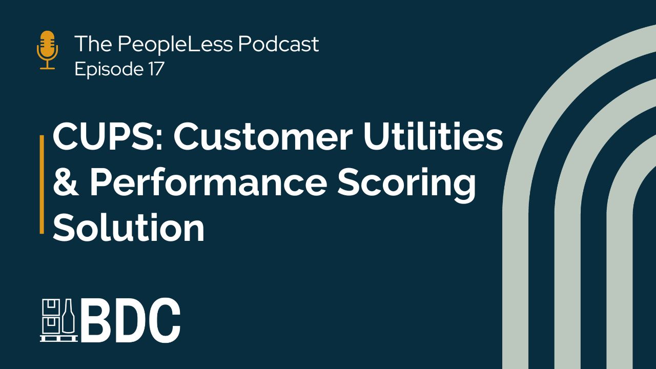 Podcast episode graphic with a dark background. Text reads: "The PeopleLess Podcast Episode 17. CUPS: Customer Utilities & Performance Scoring Solution." The PeopleLess Podcast logo is at the bottom left, with abstract curved lines on the right.