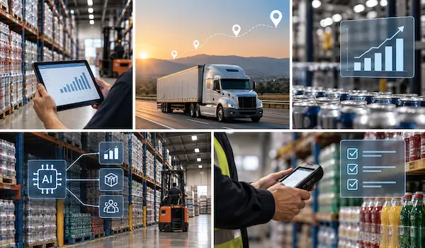 Collage of images showing beverage distribution chain and warehouse management